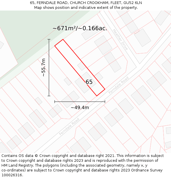 65, FERNDALE ROAD, CHURCH CROOKHAM, FLEET, GU52 6LN: Plot and title map