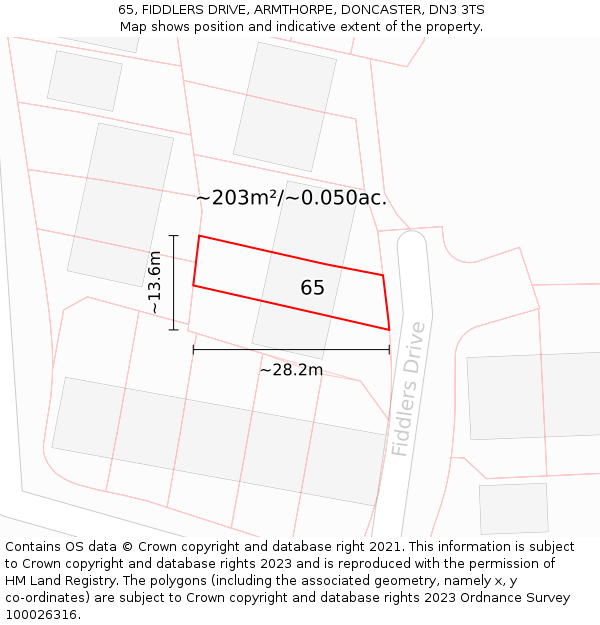 65, FIDDLERS DRIVE, ARMTHORPE, DONCASTER, DN3 3TS: Plot and title map