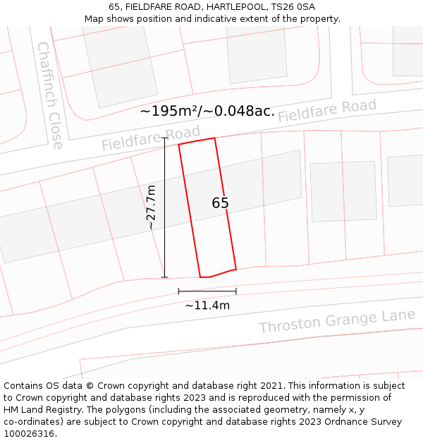 65, FIELDFARE ROAD, HARTLEPOOL, TS26 0SA: Plot and title map