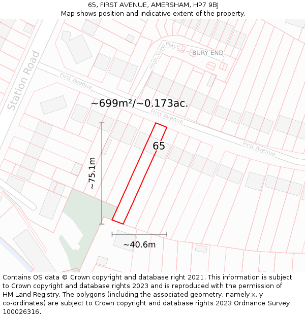 65, FIRST AVENUE, AMERSHAM, HP7 9BJ: Plot and title map