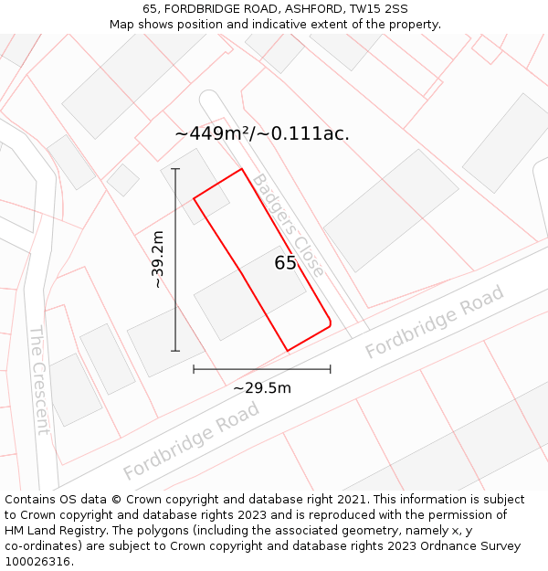 65, FORDBRIDGE ROAD, ASHFORD, TW15 2SS: Plot and title map