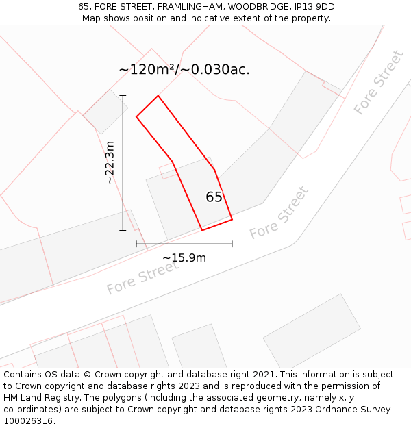 65, FORE STREET, FRAMLINGHAM, WOODBRIDGE, IP13 9DD: Plot and title map