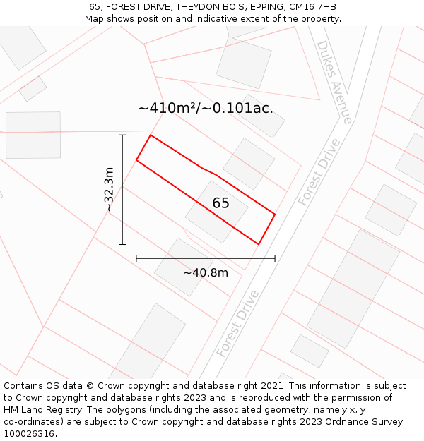 65, FOREST DRIVE, THEYDON BOIS, EPPING, CM16 7HB: Plot and title map