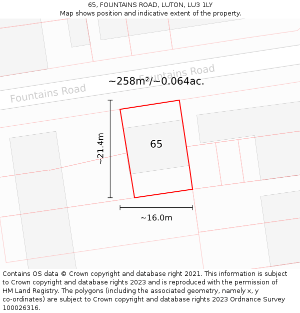 65, FOUNTAINS ROAD, LUTON, LU3 1LY: Plot and title map