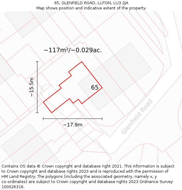 65, GLENFIELD ROAD, LUTON, LU3 2JA: Plot and title map