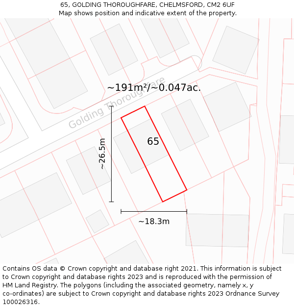 65, GOLDING THOROUGHFARE, CHELMSFORD, CM2 6UF: Plot and title map