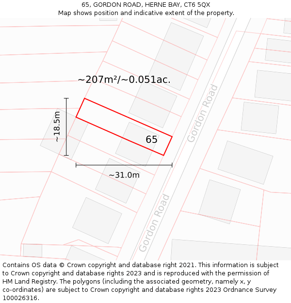 65, GORDON ROAD, HERNE BAY, CT6 5QX: Plot and title map