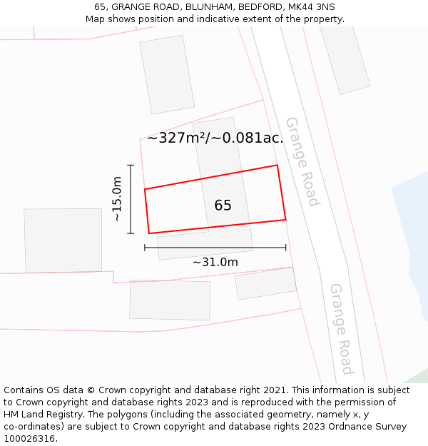 65, GRANGE ROAD, BLUNHAM, BEDFORD, MK44 3NS: Plot and title map