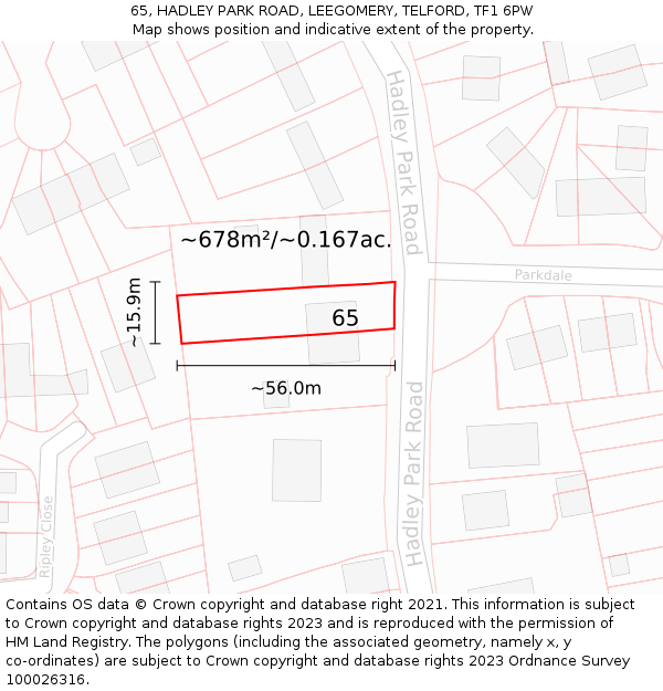 65, HADLEY PARK ROAD, LEEGOMERY, TELFORD, TF1 6PW: Plot and title map