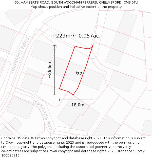 65, HAMBERTS ROAD, SOUTH WOODHAM FERRERS, CHELMSFORD, CM3 5TU: Plot and title map