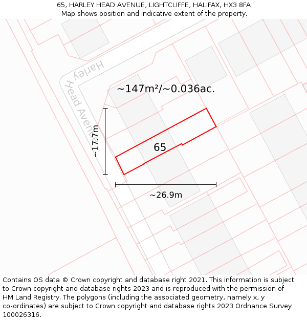 65, HARLEY HEAD AVENUE, LIGHTCLIFFE, HALIFAX, HX3 8FA: Plot and title map