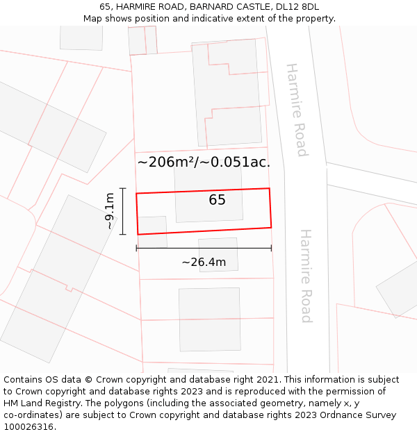 65, HARMIRE ROAD, BARNARD CASTLE, DL12 8DL: Plot and title map