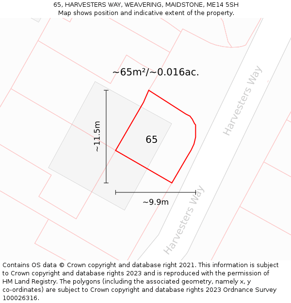 65, HARVESTERS WAY, WEAVERING, MAIDSTONE, ME14 5SH: Plot and title map