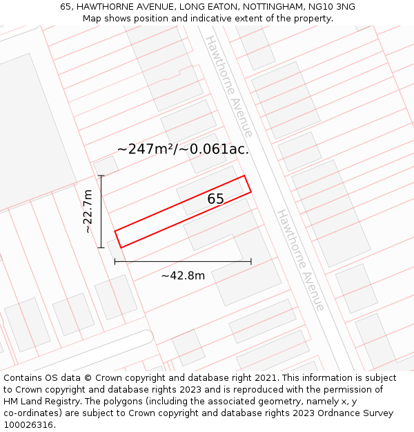 65, HAWTHORNE AVENUE, LONG EATON, NOTTINGHAM, NG10 3NG: Plot and title map