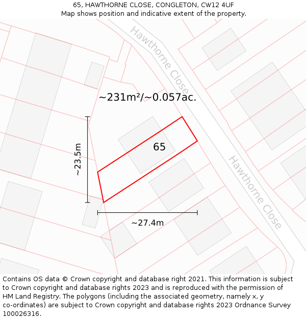 65, HAWTHORNE CLOSE, CONGLETON, CW12 4UF: Plot and title map