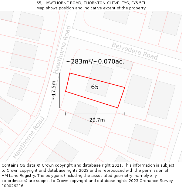 65, HAWTHORNE ROAD, THORNTON-CLEVELEYS, FY5 5EL: Plot and title map