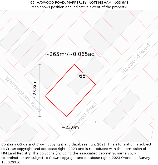 65, HAYWOOD ROAD, MAPPERLEY, NOTTINGHAM, NG3 6AE: Plot and title map