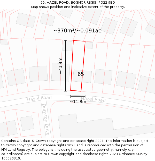 65, HAZEL ROAD, BOGNOR REGIS, PO22 9ED: Plot and title map