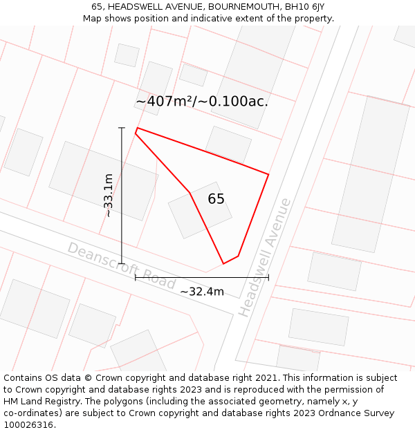 65, HEADSWELL AVENUE, BOURNEMOUTH, BH10 6JY: Plot and title map