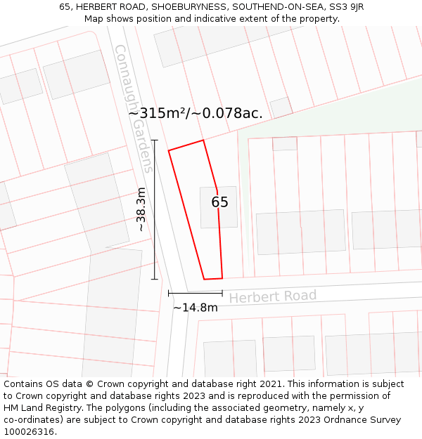 65, HERBERT ROAD, SHOEBURYNESS, SOUTHEND-ON-SEA, SS3 9JR: Plot and title map