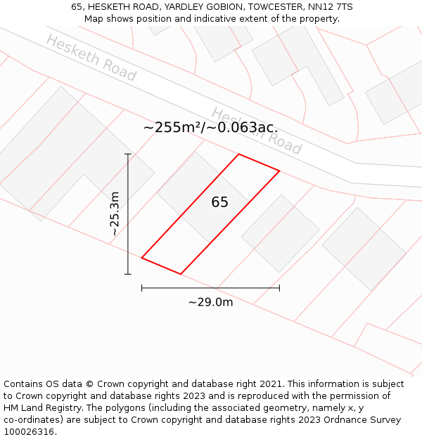 65, HESKETH ROAD, YARDLEY GOBION, TOWCESTER, NN12 7TS: Plot and title map