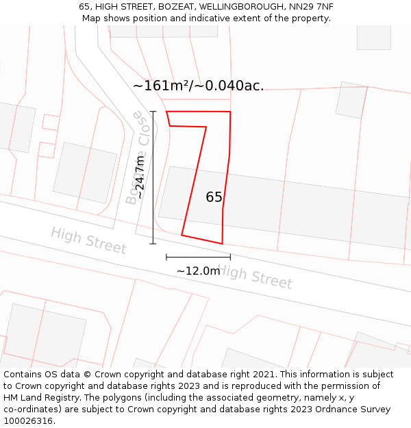 65, HIGH STREET, BOZEAT, WELLINGBOROUGH, NN29 7NF: Plot and title map