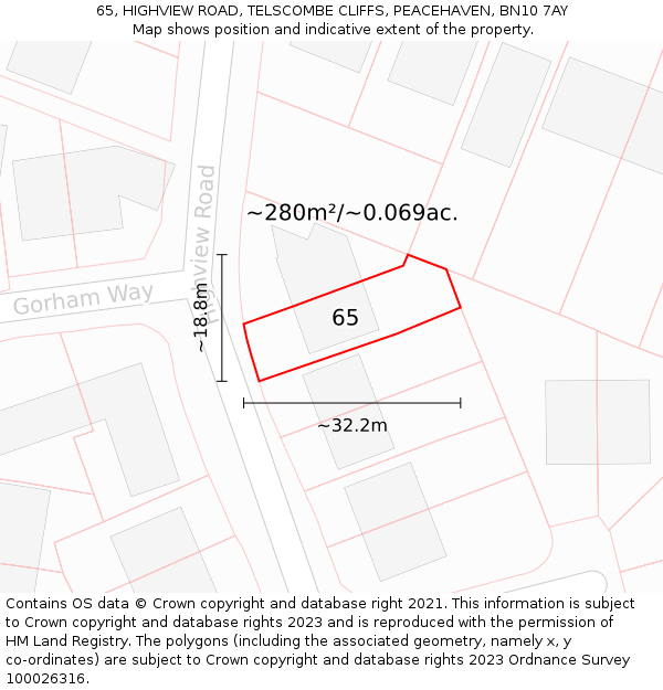 65, HIGHVIEW ROAD, TELSCOMBE CLIFFS, PEACEHAVEN, BN10 7AY: Plot and title map