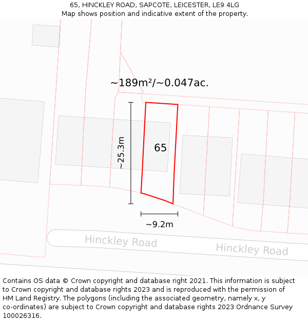 65, HINCKLEY ROAD, SAPCOTE, LEICESTER, LE9 4LG: Plot and title map