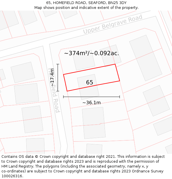 65, HOMEFIELD ROAD, SEAFORD, BN25 3DY: Plot and title map