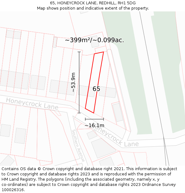 65, HONEYCROCK LANE, REDHILL, RH1 5DG: Plot and title map