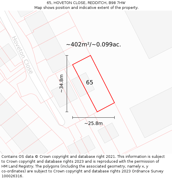 65, HOVETON CLOSE, REDDITCH, B98 7HW: Plot and title map