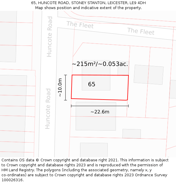 65, HUNCOTE ROAD, STONEY STANTON, LEICESTER, LE9 4DH: Plot and title map