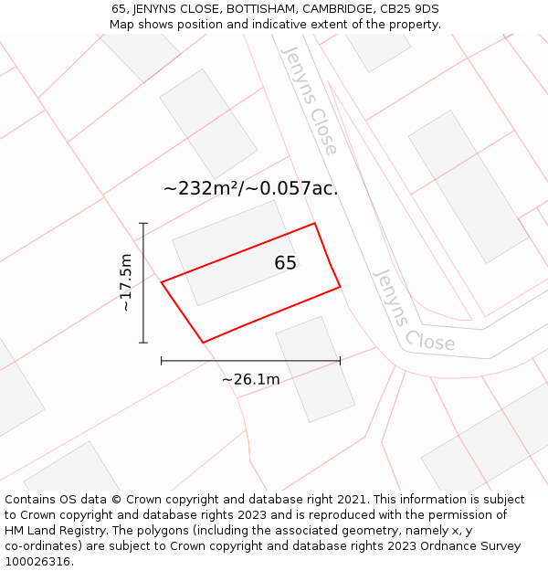 65, JENYNS CLOSE, BOTTISHAM, CAMBRIDGE, CB25 9DS: Plot and title map