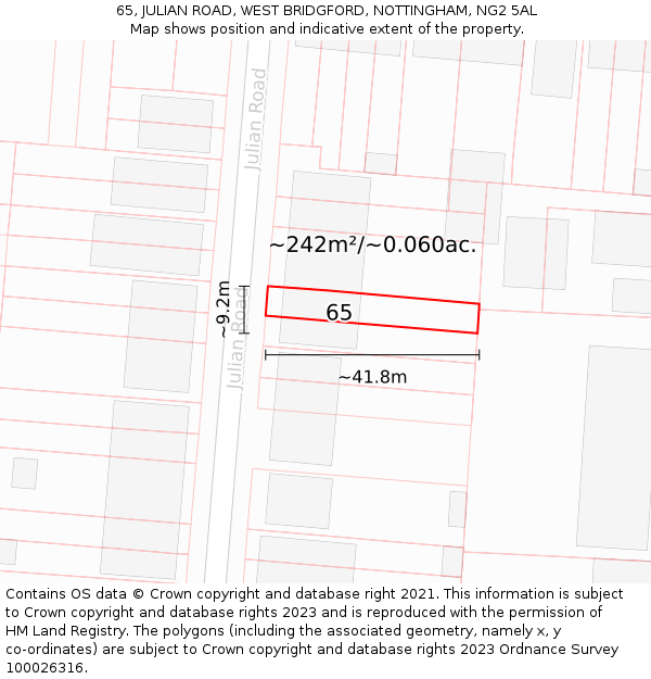 65, JULIAN ROAD, WEST BRIDGFORD, NOTTINGHAM, NG2 5AL: Plot and title map