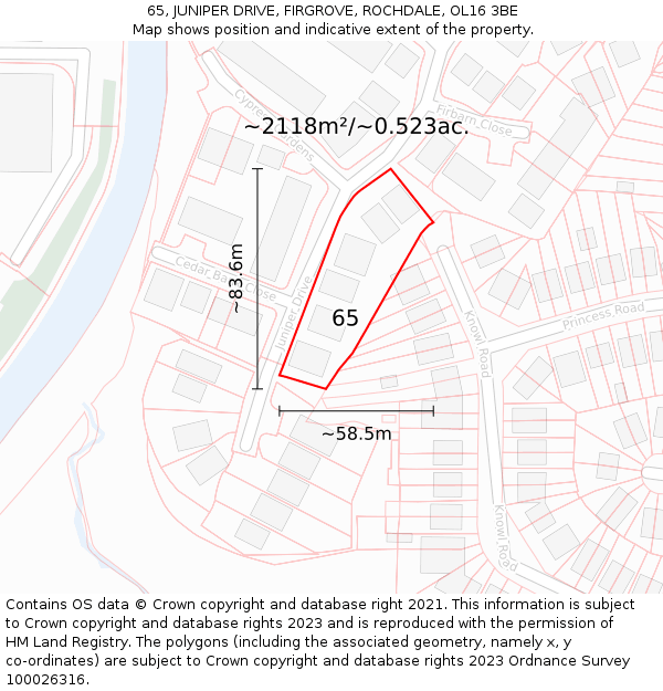 65, JUNIPER DRIVE, FIRGROVE, ROCHDALE, OL16 3BE: Plot and title map