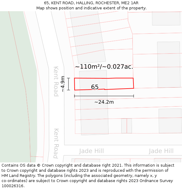 65, KENT ROAD, HALLING, ROCHESTER, ME2 1AR: Plot and title map