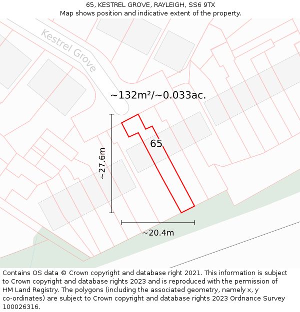 65, KESTREL GROVE, RAYLEIGH, SS6 9TX: Plot and title map