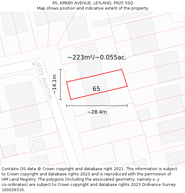 65, KIRKBY AVENUE, LEYLAND, PR25 5SQ: Plot and title map