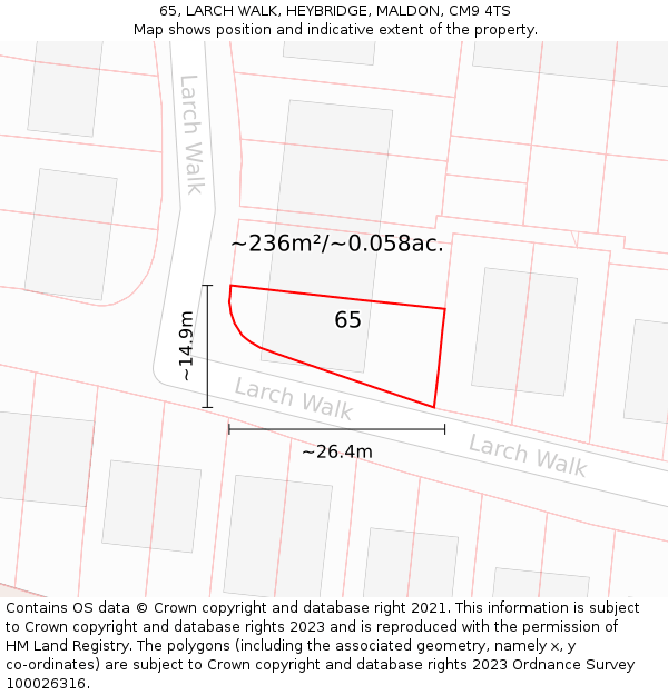 65, LARCH WALK, HEYBRIDGE, MALDON, CM9 4TS: Plot and title map