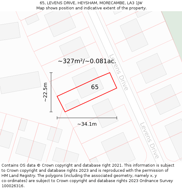 65, LEVENS DRIVE, HEYSHAM, MORECAMBE, LA3 1JW: Plot and title map