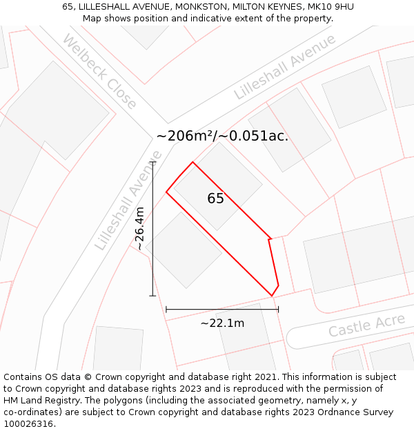 65, LILLESHALL AVENUE, MONKSTON, MILTON KEYNES, MK10 9HU: Plot and title map