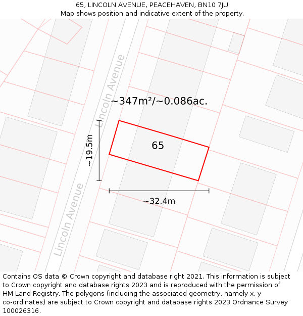 65, LINCOLN AVENUE, PEACEHAVEN, BN10 7JU: Plot and title map