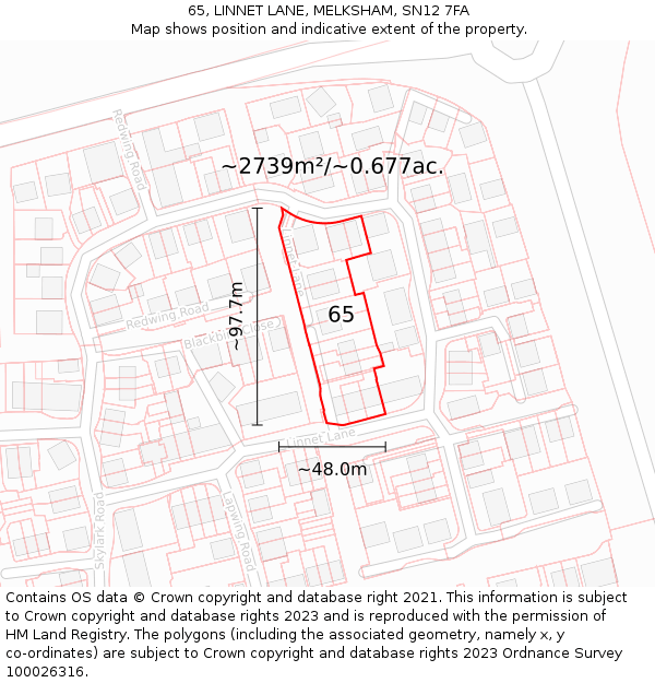 65, LINNET LANE, MELKSHAM, SN12 7FA: Plot and title map