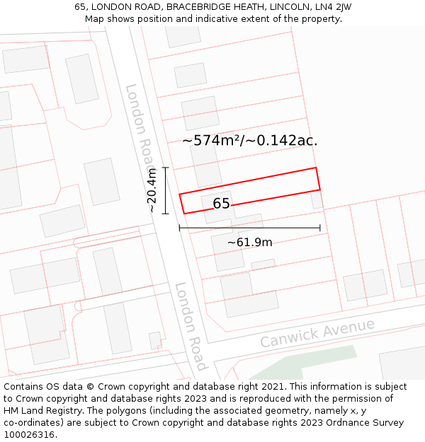 65, LONDON ROAD, BRACEBRIDGE HEATH, LINCOLN, LN4 2JW: Plot and title map