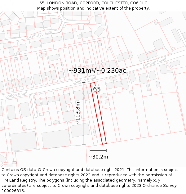 65, LONDON ROAD, COPFORD, COLCHESTER, CO6 1LG: Plot and title map