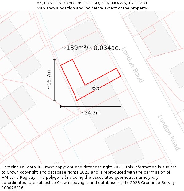 65, LONDON ROAD, RIVERHEAD, SEVENOAKS, TN13 2DT: Plot and title map