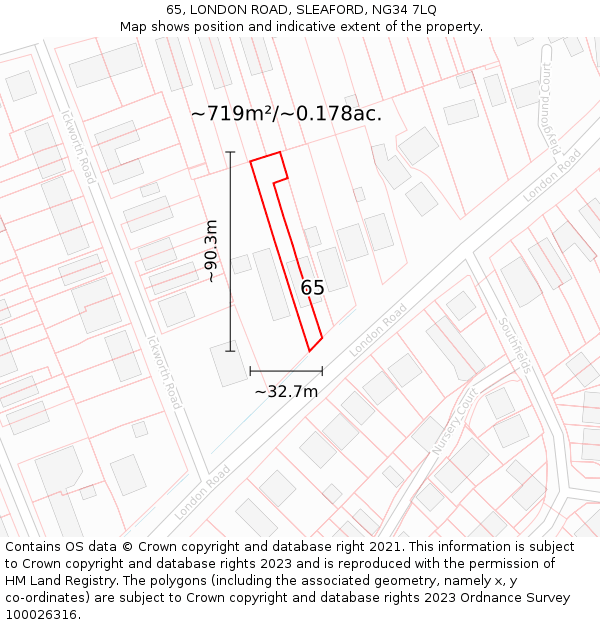 65, LONDON ROAD, SLEAFORD, NG34 7LQ: Plot and title map