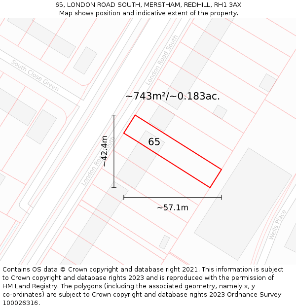 65, LONDON ROAD SOUTH, MERSTHAM, REDHILL, RH1 3AX: Plot and title map