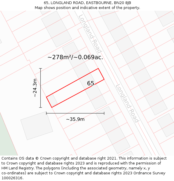 65, LONGLAND ROAD, EASTBOURNE, BN20 8JB: Plot and title map