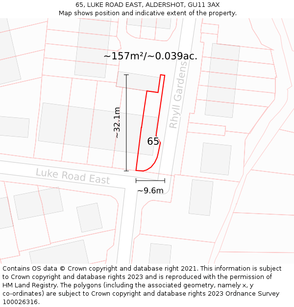 65, LUKE ROAD EAST, ALDERSHOT, GU11 3AX: Plot and title map